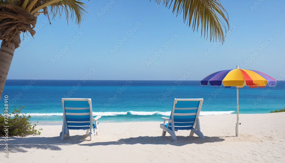 Vacant spots under vibrant umbrella on sandy beach, overlooking stunning blue sea.