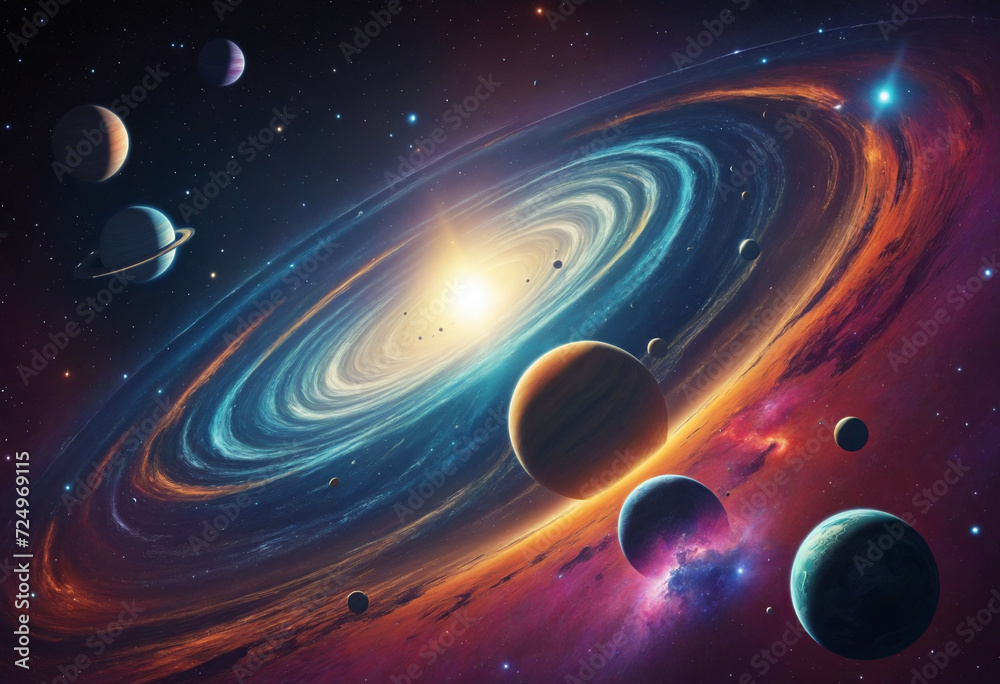 Colorful planets and stars in abstract background illustration.