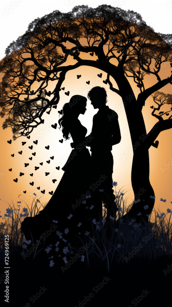 Silhouette of Couple Under Tree at Sunset with Flying Birds

