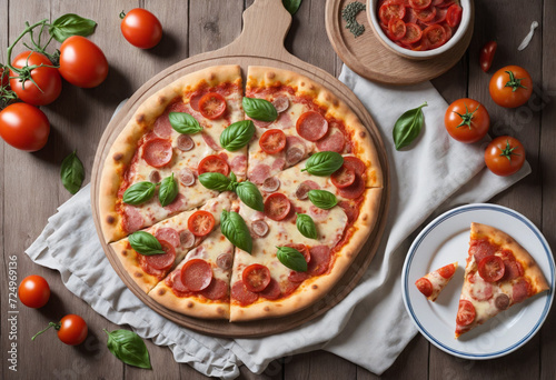 Traditional Italian pizza with mozzarella and fresh tomatoes on rustic wooden table. Authentic Italian culinary experience.