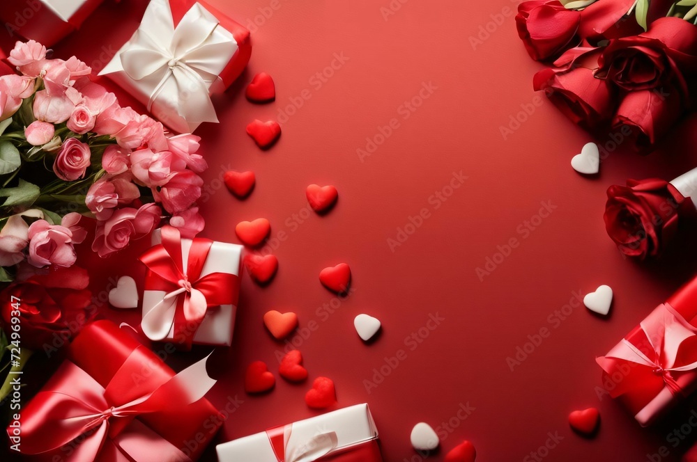 Valentine's day background. Gift box with rose petals copy space. Top view Valentine's day background. Gift box with rose petals copy space. Top view