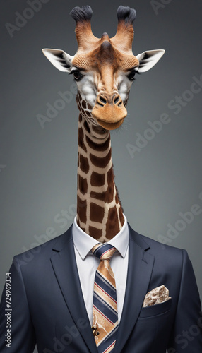 Stylish Giraffe in a Sophisticated Suit, exuding confidence and elegance. Fashionable portrait of an anthropomorphic animal displaying a charismatic attitude.