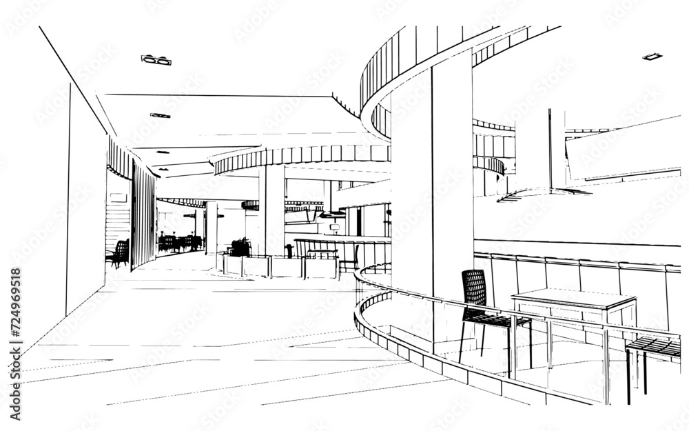 line drawing of the area of the department store hall, the food store section,3d rendering line drawing of the area of the department store hall, the food store section,3d rendering