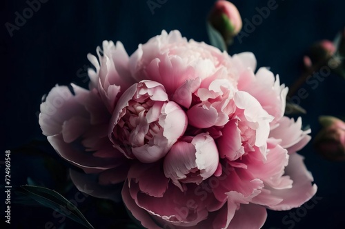 Pink peony bud on a dark background. Flower closeup