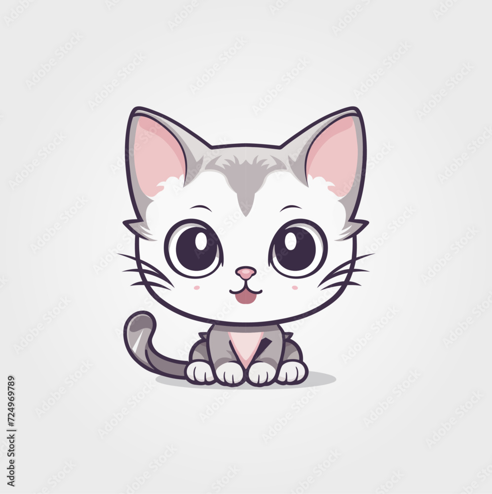 Cute kitty of kawaii style with big eyes and jolly smiling vector illustration in white background