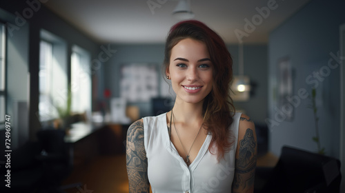 pretty young happy artist worker woman with tattoos and looking at the camera standing inside a workplace place 