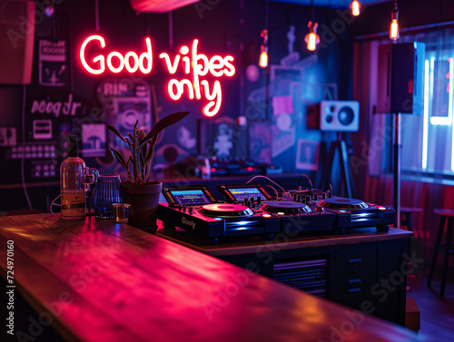 Good vibes only concept image with glowing written words good vibes only in a nightclub with a DJ to show a positive ambiance and attitude.