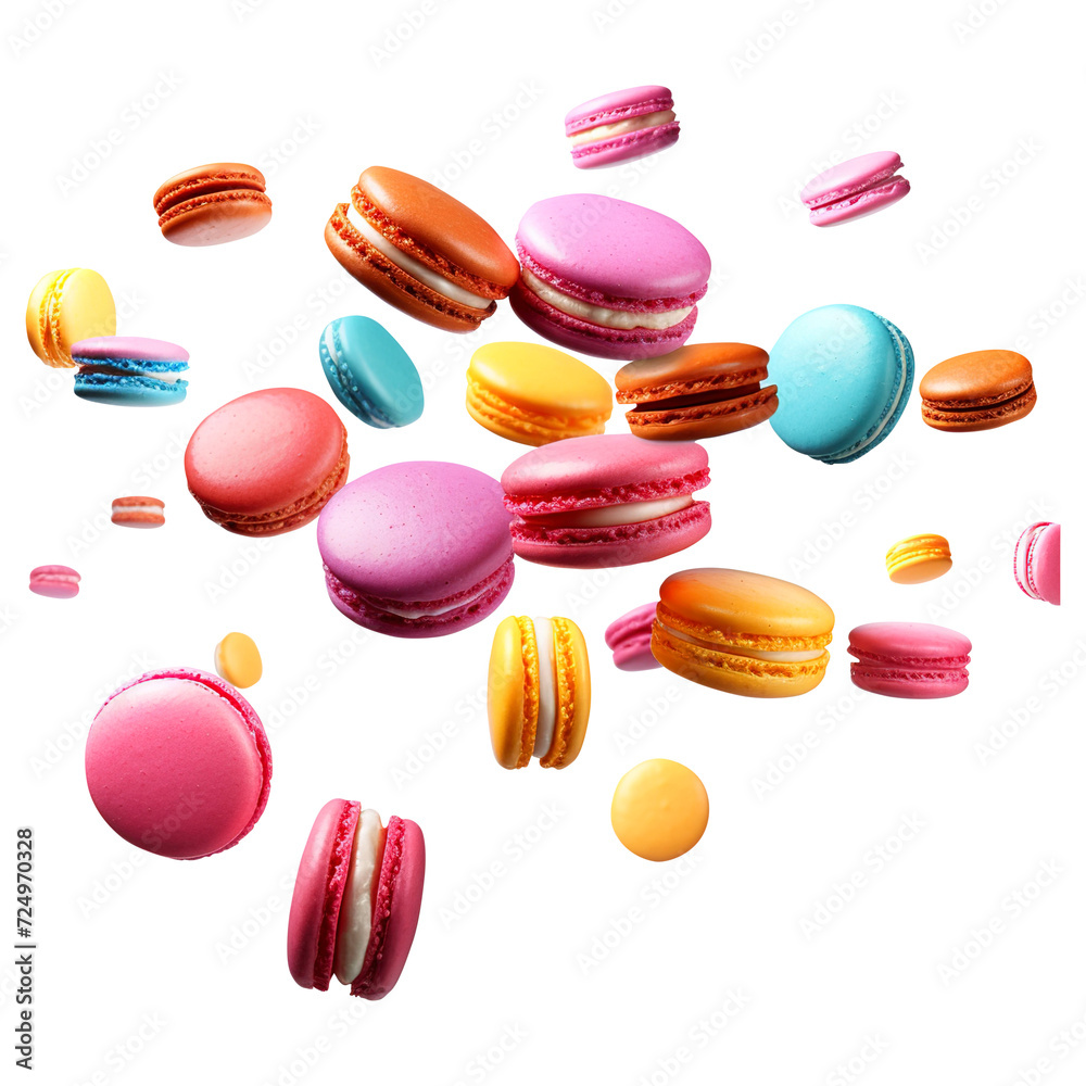 Various colorful of macarons floating on the air Isolated on transparent background Various colorful of macarons floating on the air Isolated on transparent background