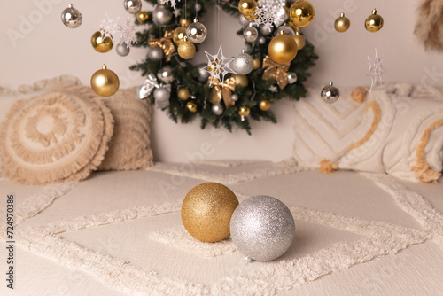 New Year's decor. Decor for the New Year. Background for a New Year's photo shoot.
New Year's toy. New Year's balls.