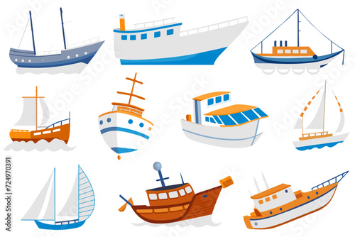 Set of Ships and Boats Different Types Isolated on White Background. Yacht, Wooden and Motor Boat, Longboat Vessels
