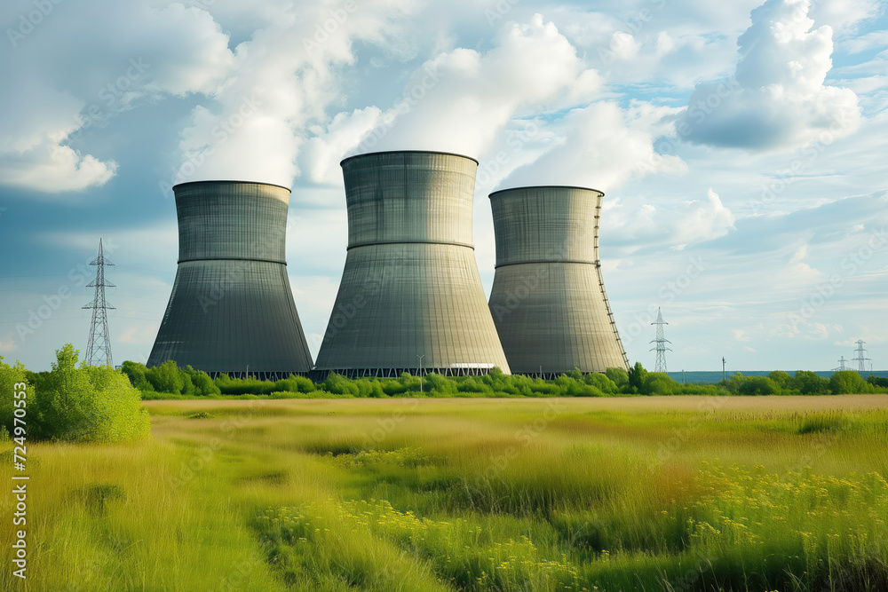 Nuclear power plant and scenic landscape with fields and blue sky Nuclear power plant and scenic landscape with fields and blue sky