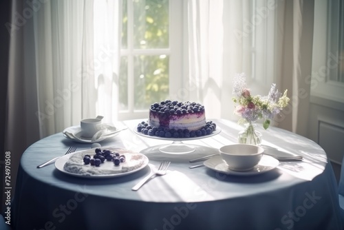 Blueberry pie is on the table by the window in the village house. Village Life  Summer  Berries