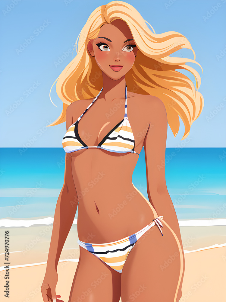 A tanned blonde girl wearing bikini