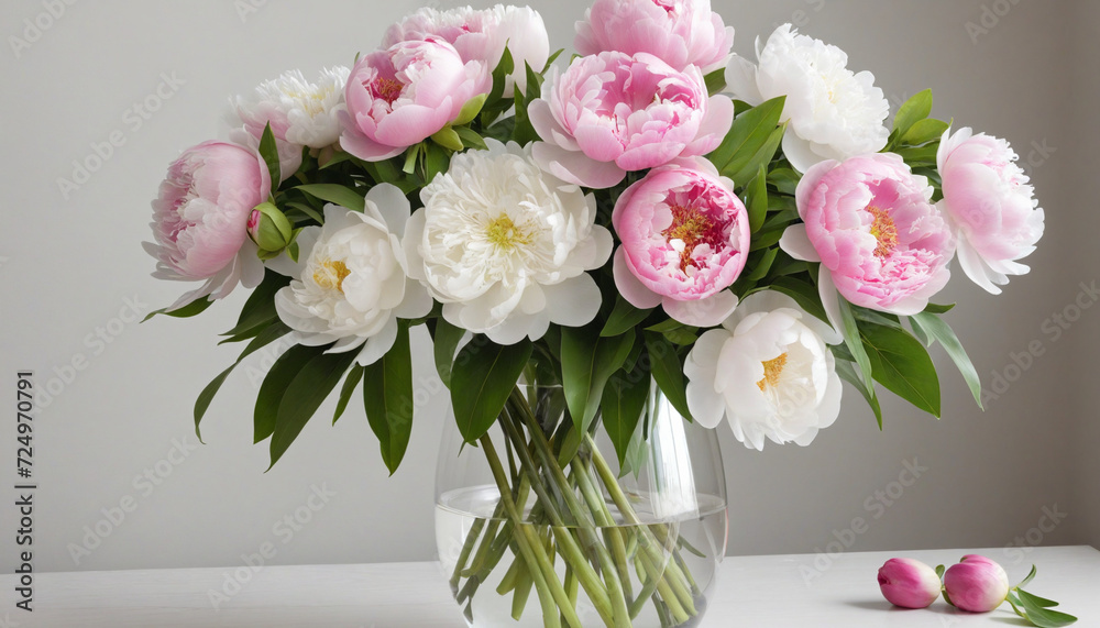 Elegant White-Pink Peony Bouquet in Glass Vase on Hotel Room Table