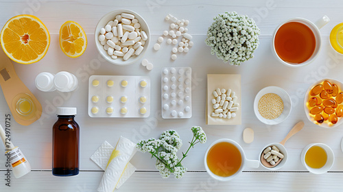 A flat lay of cold and flu remedies including syrups tablets and tissues.