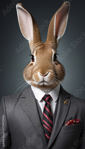 Stylish bunny in tailored attire and classy neckwear. Anthropomorphic fashion shoot showcasing a charismatic persona. © SR07XC3
