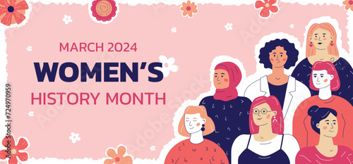 Women's history month banner, with various female characters made in doodle style with imitation cutout and collage.