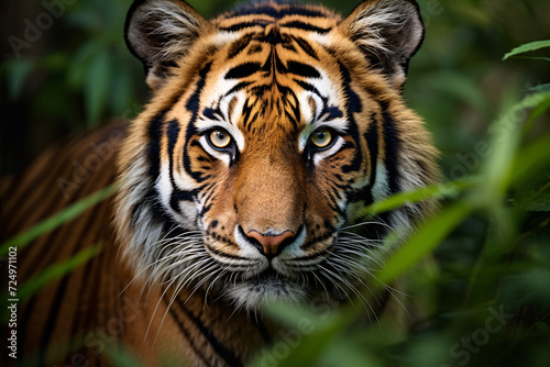 Face of wild tiger between green leaves © Firn