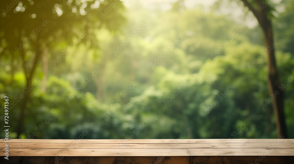 Empty wooden table with forest background Empty wooden table with forest background
