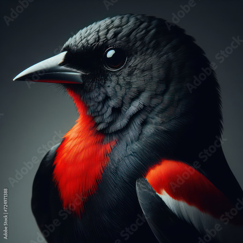 Red winged black bird, blackbird, Agelaius phoeniceus, pájaro negro de ala roja, rotflügeliger schwarzer Vogel, краснокрылая черная птица, high quality portrait, isolated background. photo