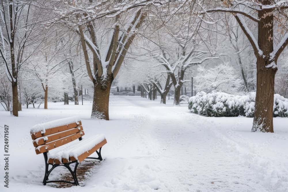A peaceful winter scene featuring a snow-draped bench in an urban park