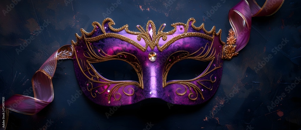 purple carnival mask on black background, in the style of dark navy and amber, scrapbook, delicate details, 3840x2160, detailed miniatures, dark pink and dark azure,