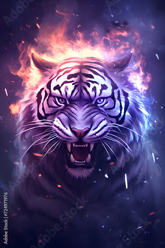 an intense head of tiger in a digital art illustration