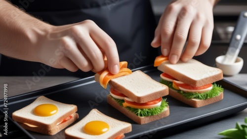 close up of a person slicing a sandwich ai generated