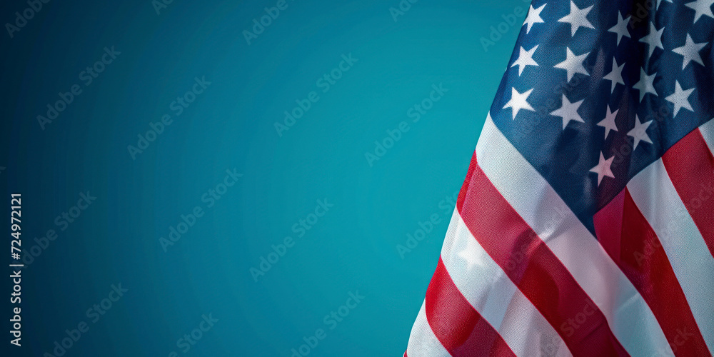 Obraz premium American flag for Memorial Day, 4th of July or Labour Day, blue background, panorama, copy space.