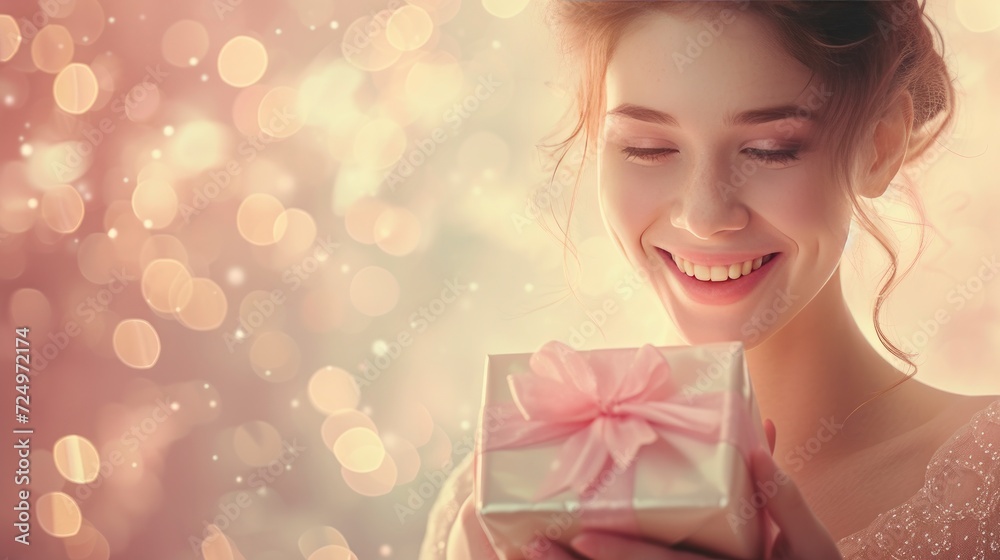 Polish girl, her face glowing with happiness, as she holds a beautifully wrapped gift in her hands. Polish girl, her face glowing with happiness, as she holds a beautifully wrapped gift in her hands.
