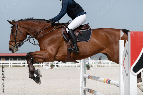 Un jinete salta con su caballo un obstáculo en una competición hípica de salto.