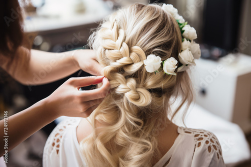 Close up of hairstylist arranging beautiful elegant bridal hairstyle with flowers