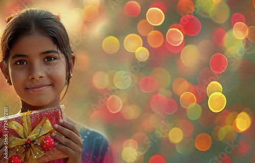 Maldivian girl, her face adorned with delight, as she holds a beautifully wrapped gift in her hands