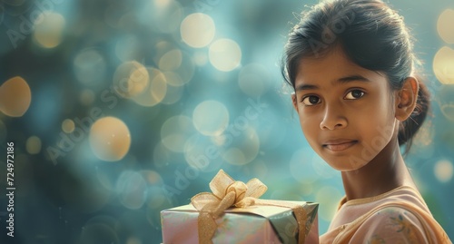 Maldivian girl, her face adorned with delight, as she holds a beautifully wrapped gift in her hands