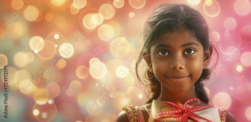 Maldivian girl, her face adorned with delight, as she holds a beautifully wrapped gift in her hands
