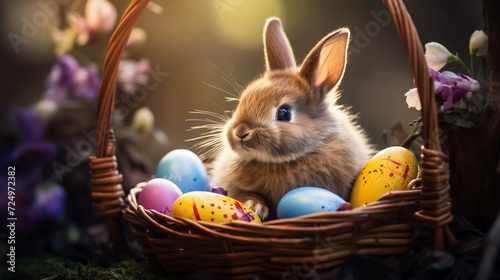 Easter Bunny in a Blossom-Filled Nest, Safeguarding a Collection of Vibrant Hand-Painted Eggs—a Tapestry of Spring © Mujahid