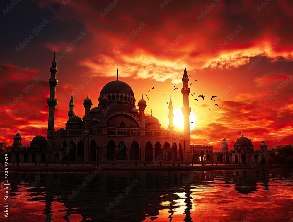 A serene mosque backdrop perfect for Ramadan greetings cards.