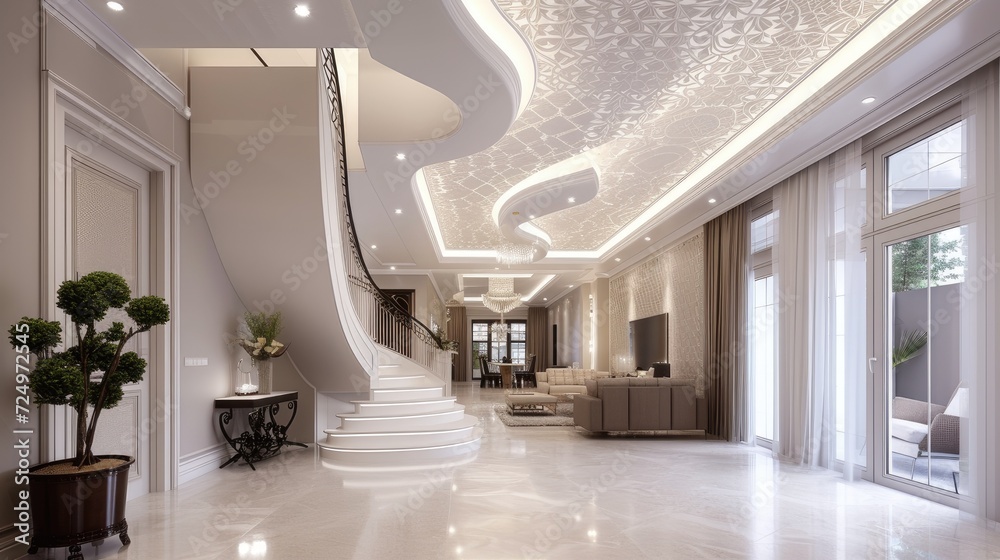 an empty room in an apartment or house, featuring an elegant white stretch ceiling with intricate shapes and integrated lighting
