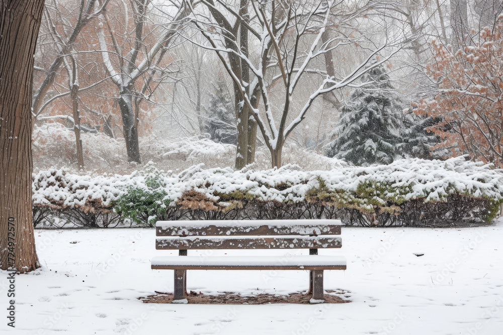 A peaceful winter scene featuring a snow-draped bench in an urban park
