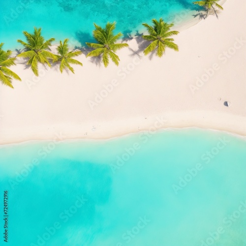 overhead view of tropical beach with turquoise water and golden sands
