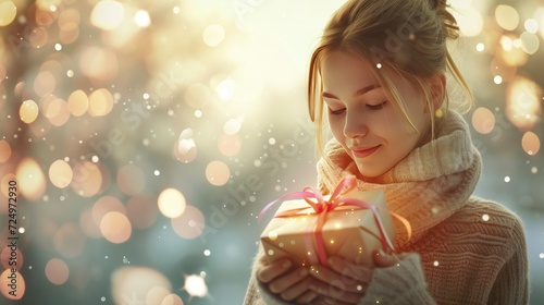 Sweden girl, her face illuminated with joy, as she holds a beautifully wrapped gift in her hands