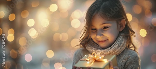 Sweden girl, her face illuminated with joy, as she holds a beautifully wrapped gift in her hands