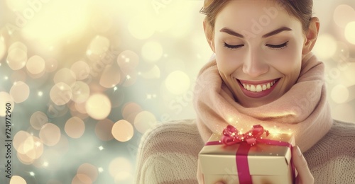 Sweden girl, her face illuminated with joy, as she holds a beautifully wrapped gift in her hands