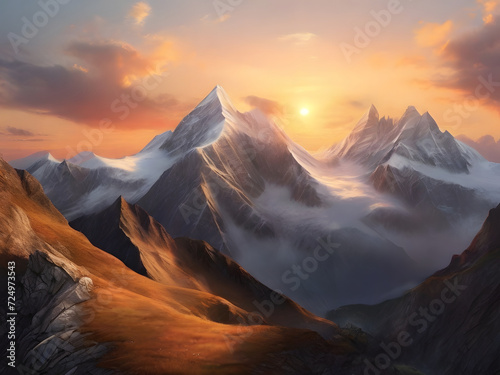 Mountains, Sunset in the mountains, Mountain ridge, a steep ridge of the majestic peak in the mountain © Mx