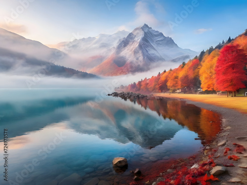 Colorful Autumn Season and Mountain with morning fog and red leaves at lake is one of the best places