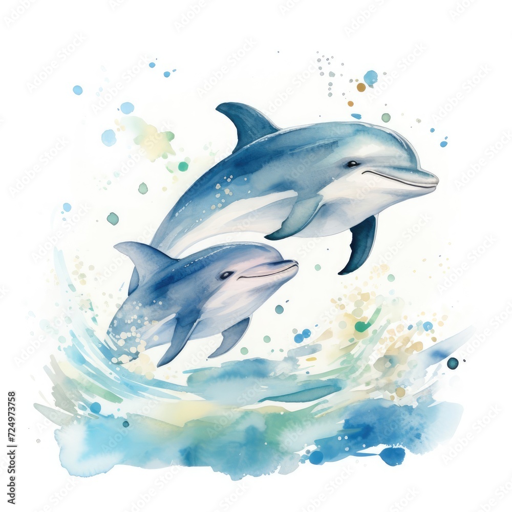 Fototapeta premium Watercolor illustration of a family of dolphins on a white background.