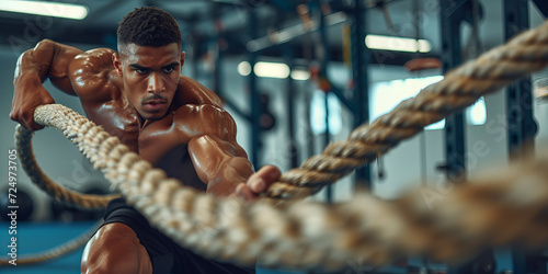 Portrait of a black muscular man doing battle rope workout at gym. Healthy lifestyle, fitness and motivation concept. photo