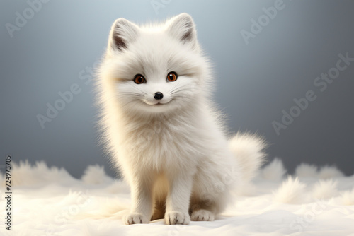 Adorable 3D cartoon arctic fox portrait on a gray background.