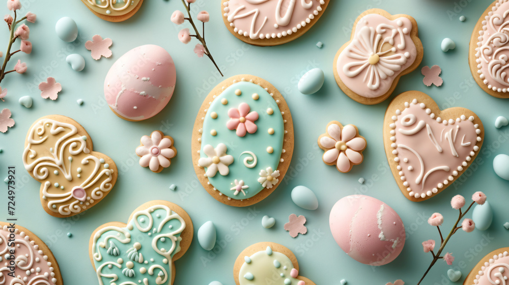 A flat lay of Easter-themed sugar cookies with intricate icing designs arranged artistically. - obrazy, fototapety, plakaty 