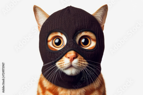 cat in a black robber mask with a shocked expression isolated on solid white background. ai generative